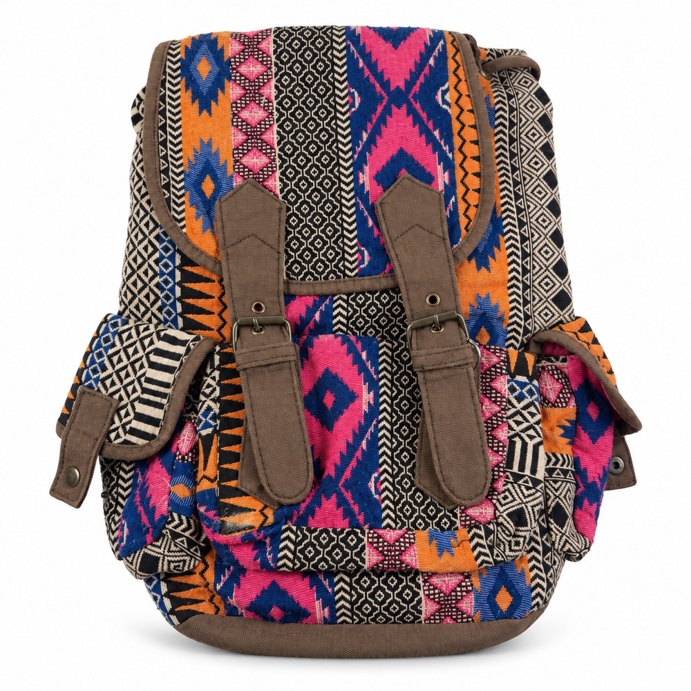 Vintage Y2K Multicolor Boho Tribal Woven Tapestry Aztec Festival Backpack